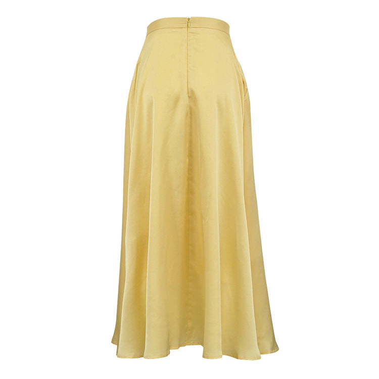 Satin Draping Yellow Skirt Women Spring Summer Simple Pocket High Waist Hip Skirt