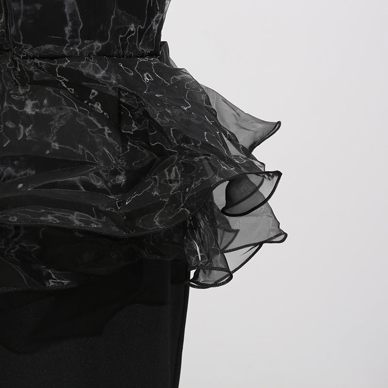 Women Stitching Mesh Design High Waist Sheath Maxi Dress