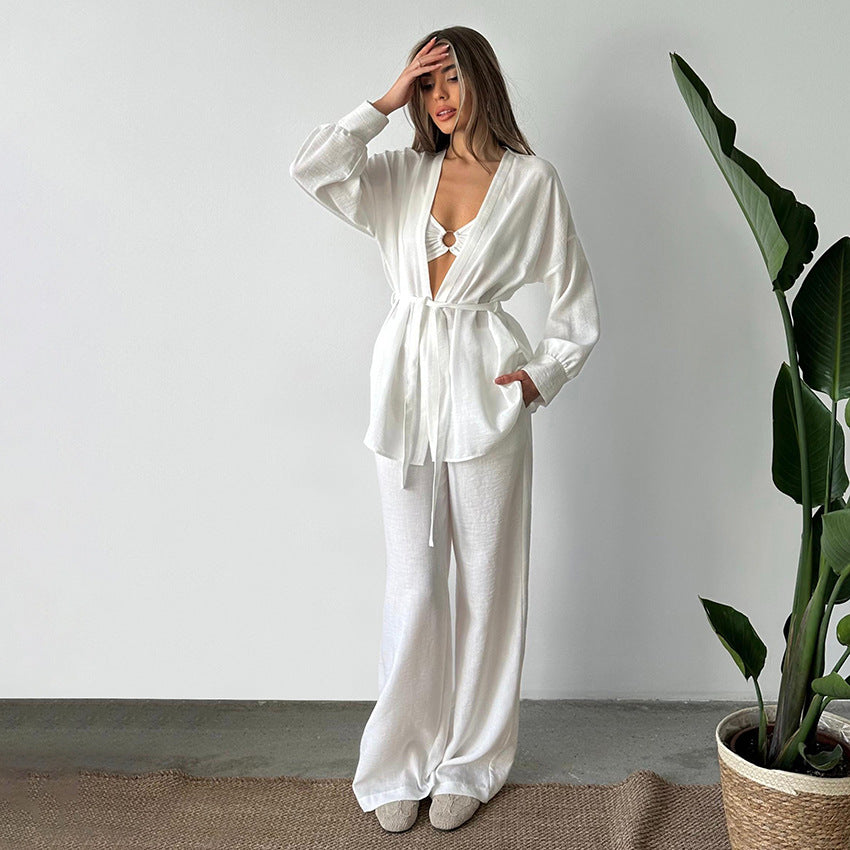 Autumn Cotton Linen Pajamas Two Piece Set Cardigan Long Sleeve Pants Ladies Homewear