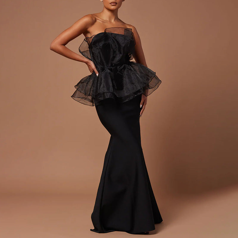 Women Stitching Mesh Design High Waist Sheath Maxi Dress