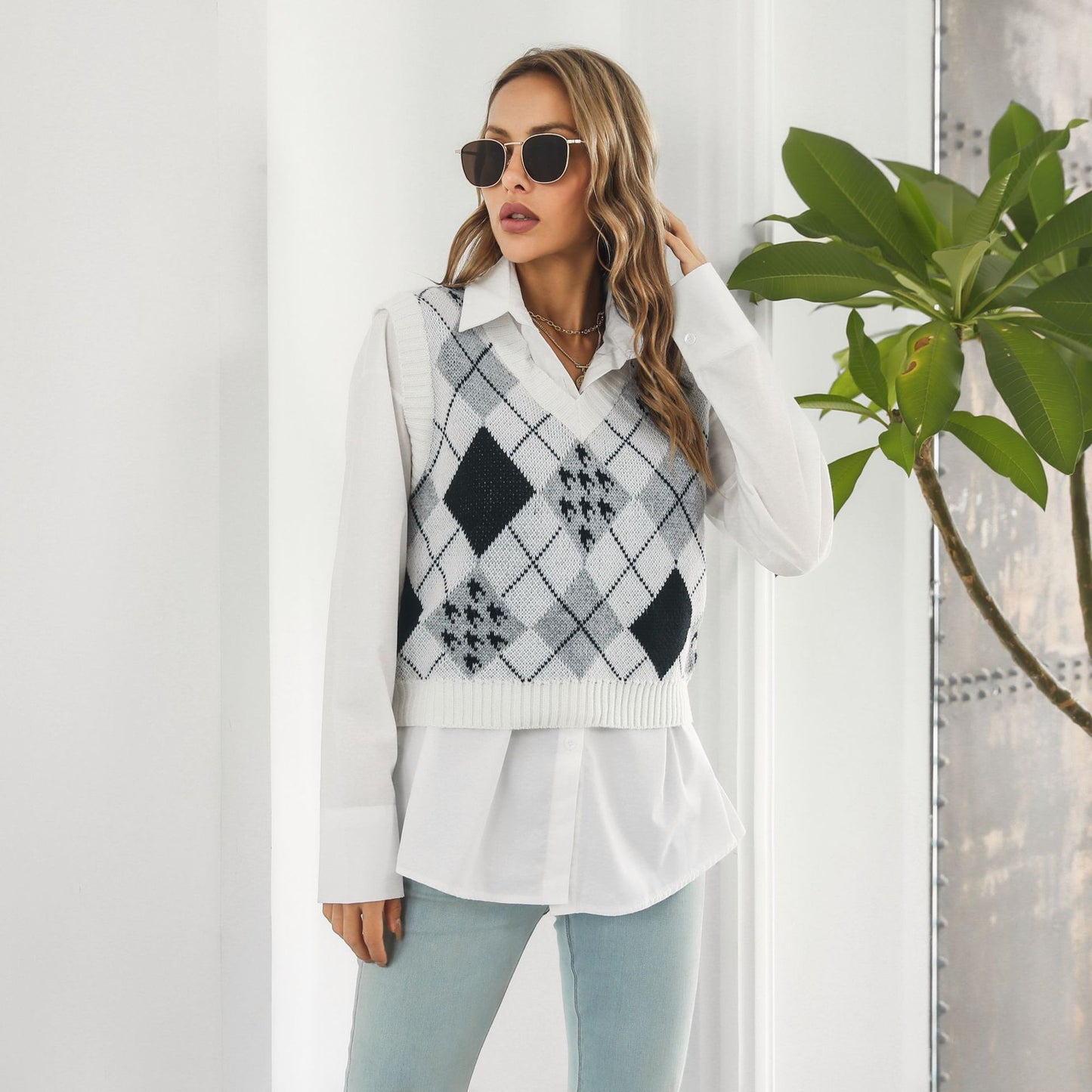 Houndstooth Diamond Plaid Jacquard Vest Sweater Vest Women Autumn Winter Knitwear Women Clothing