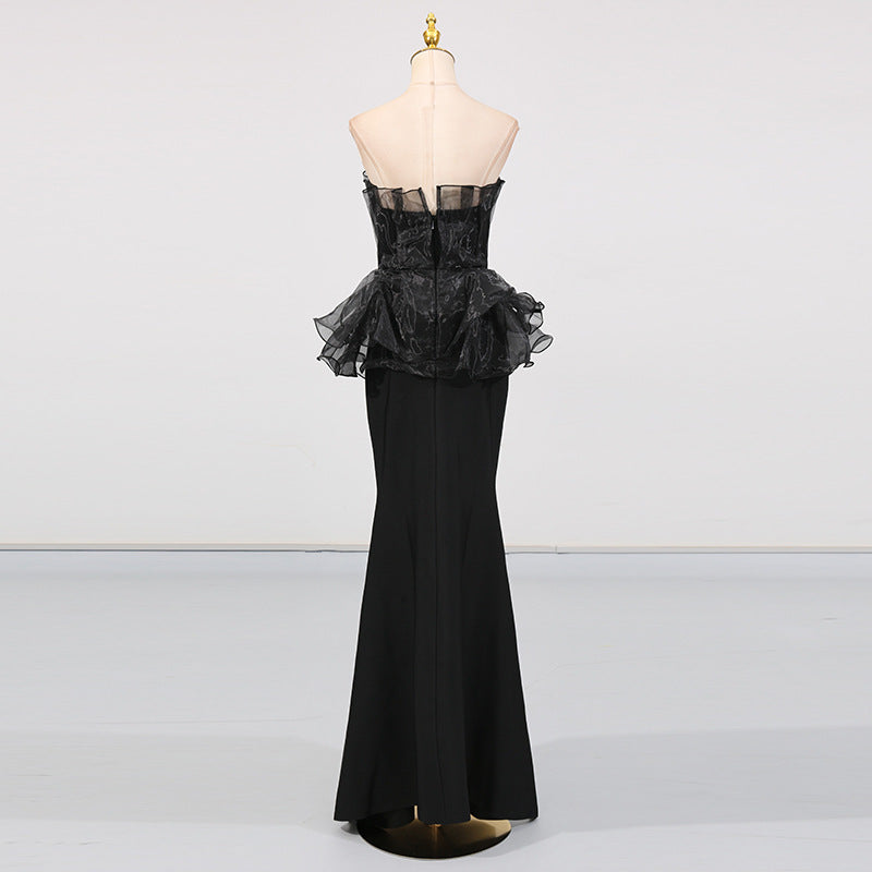 Women Stitching Mesh Design High Waist Sheath Maxi Dress