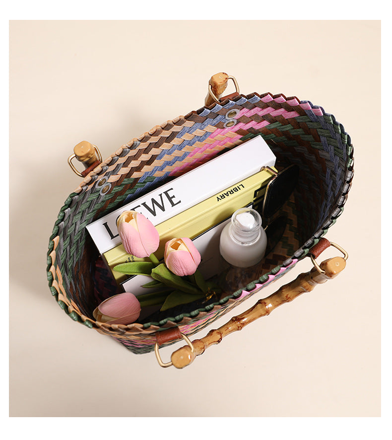 Retro Color Portable Straw Weaved Bag Square Hand Woven Bag Vacation Beach Bag Women Bag