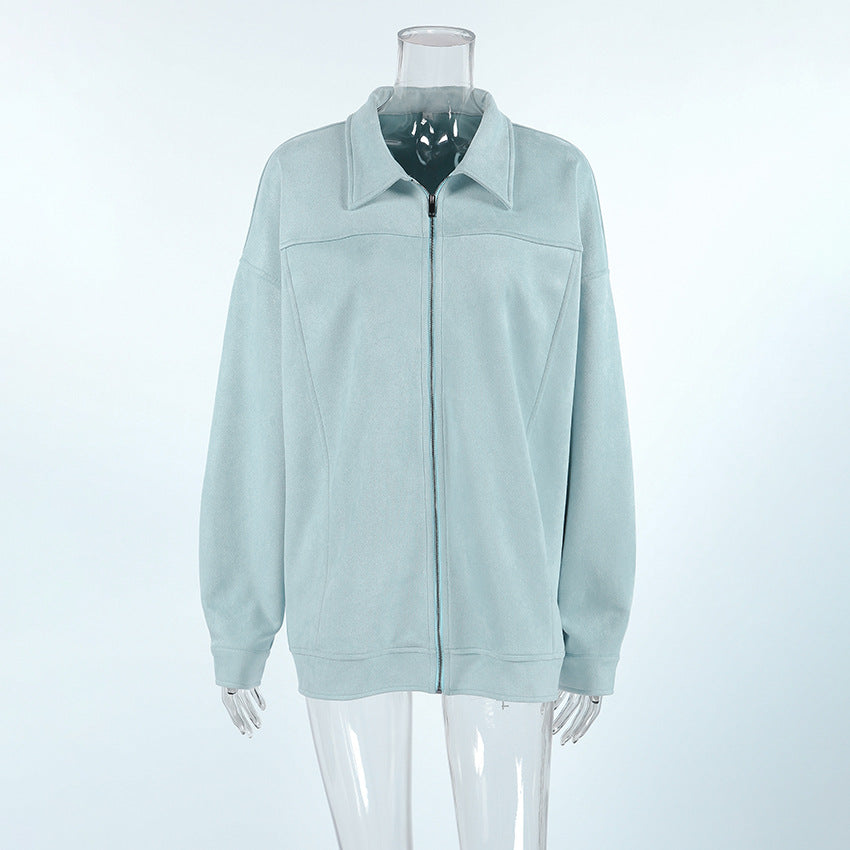 Retro Leather Coat Women Niche Blue Cool Feeling High Street Fashionable Zipper Autumn Winter Suede Jacket