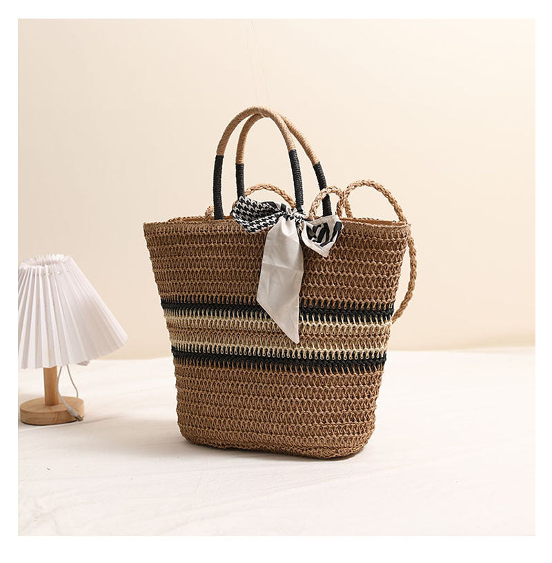 Striped Shoulder Straw Bag Silk Scarf Woven Tote Women Seaside Vacation Beach Bag