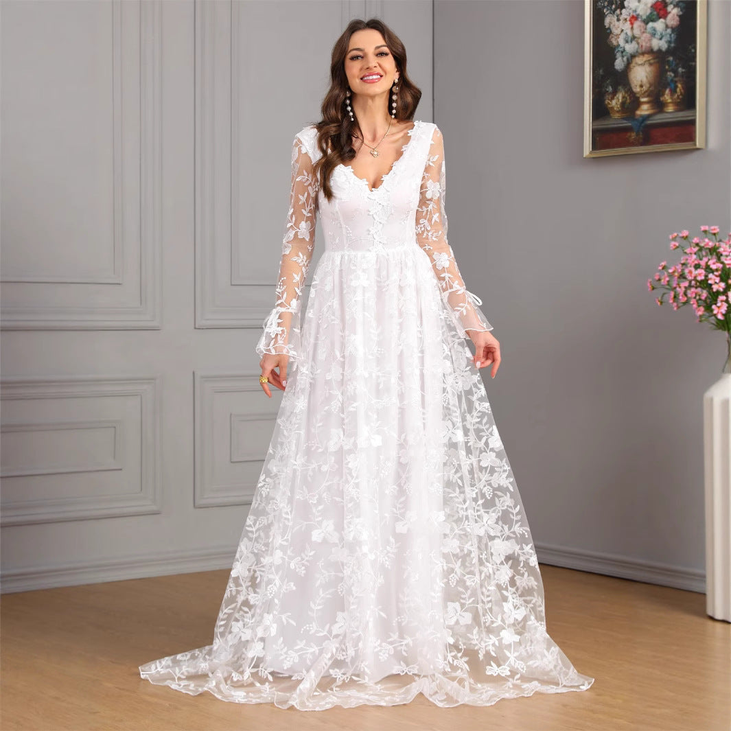 Women V neck Long Sleeve Sexy Backless White Large Swing Wedding Bridal Gown Dress