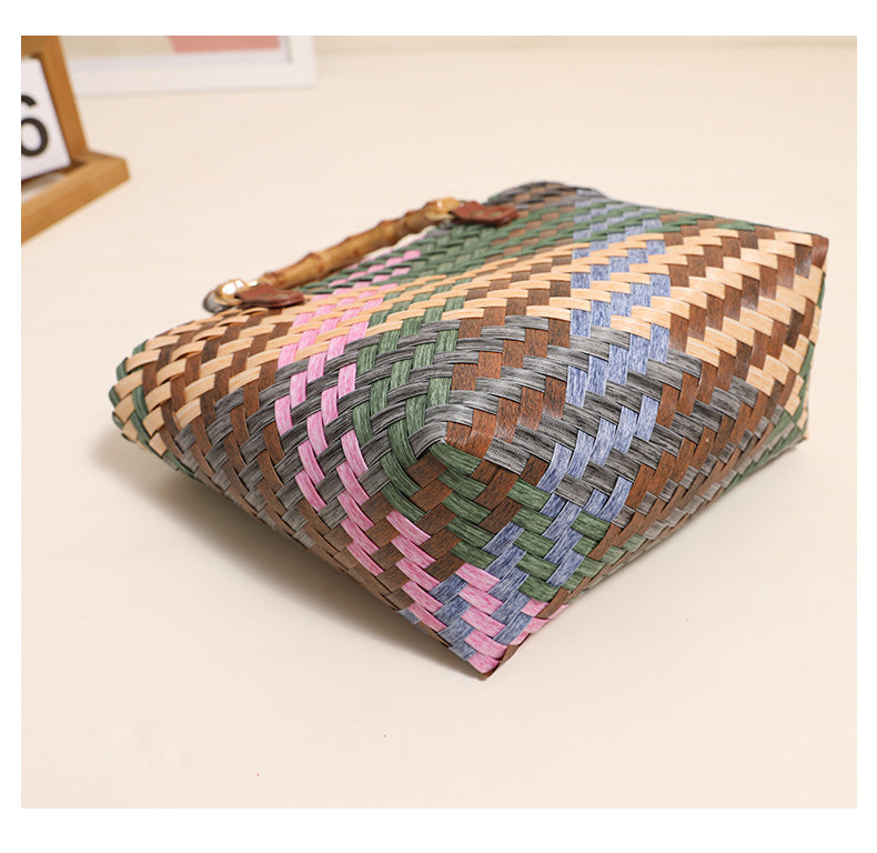 Retro Color Portable Straw Weaved Bag Square Hand Woven Bag Vacation Beach Bag Women Bag