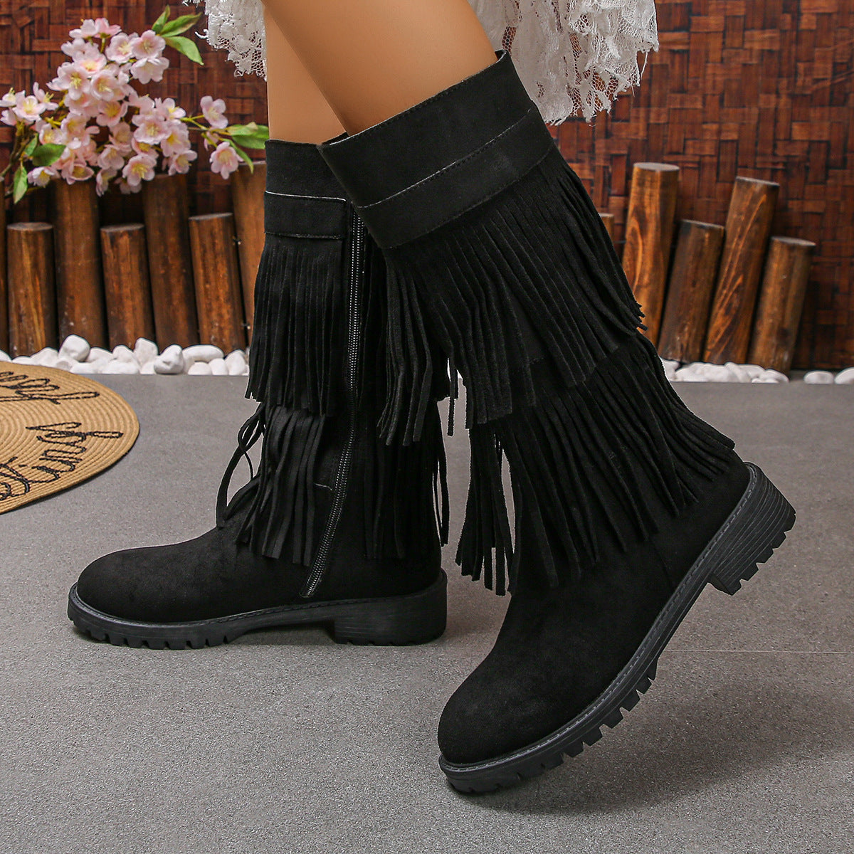 Suede Double Layer Tassel Boots Women Chunky Heel Side Zip High Tube Cowboy Boot