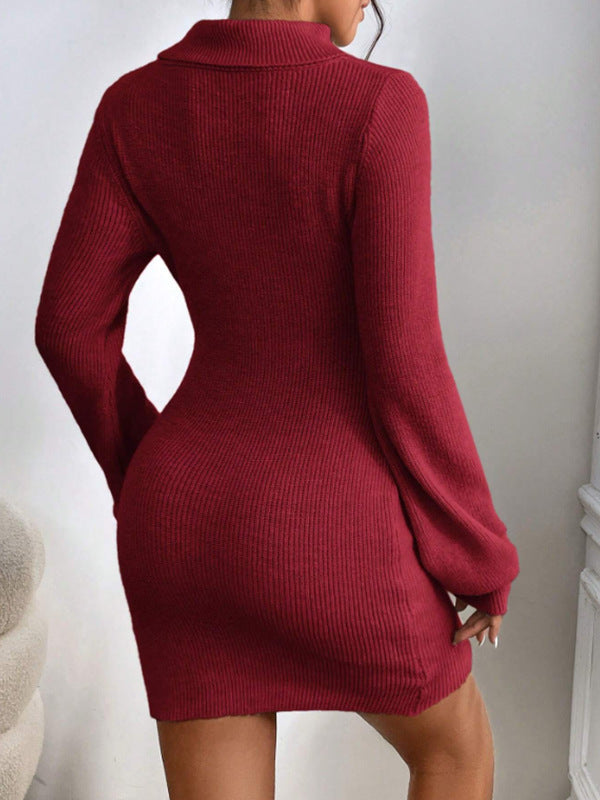 Women Clothing Woolen Dress Simple Thin Knitted Turtleneck Solid Color Sheath Knitted Dress