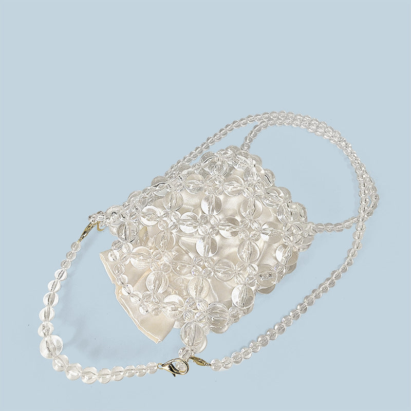 Transparent Irregular Asymmetric Hand Woven Acrylic Crystal String Beads Cocktail Mobile Phone Bag Cross Body Bucket Pouch