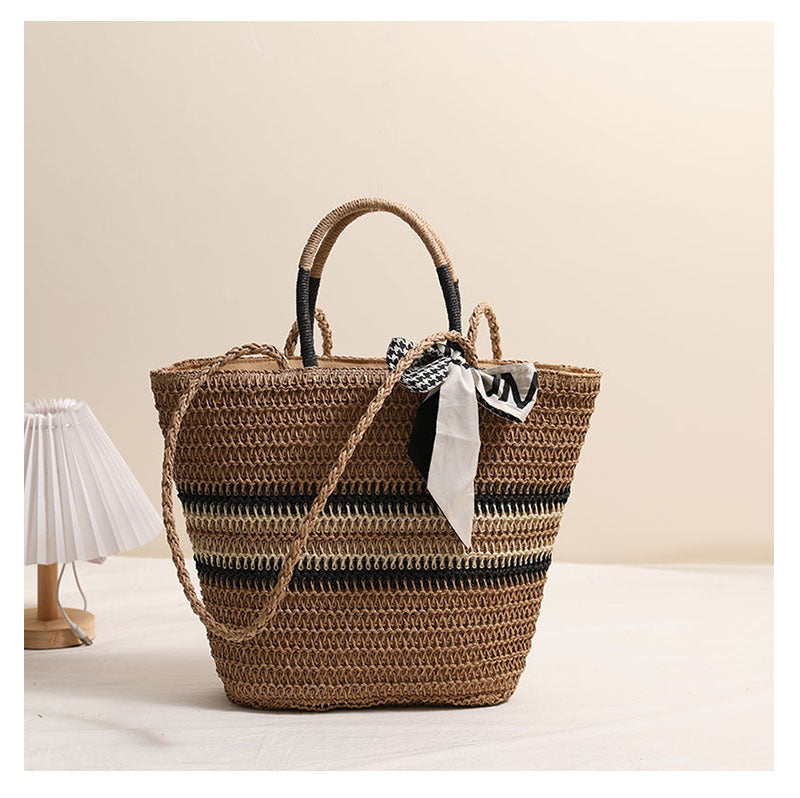 Striped Shoulder Straw Bag Silk Scarf Woven Tote Women Seaside Vacation Beach Bag