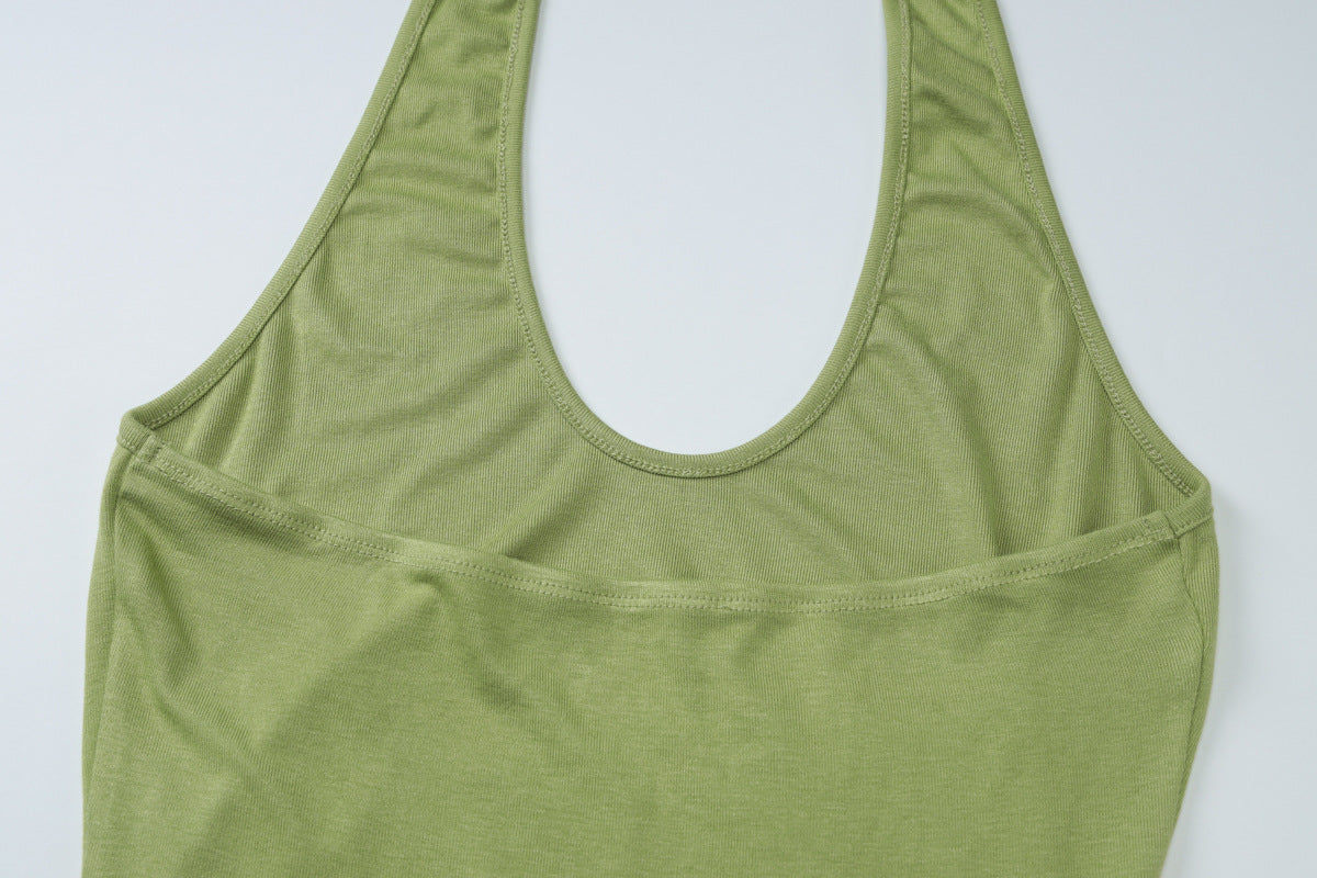 Cinched Patchwork Streamer Solid Color Wild Long Halter Backless Dress Women Clothing