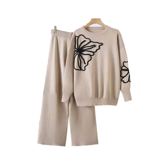 Autumn Winter Crew Neck Pullover Sweater Women Floral Line All Match Top Two Piece Sets
