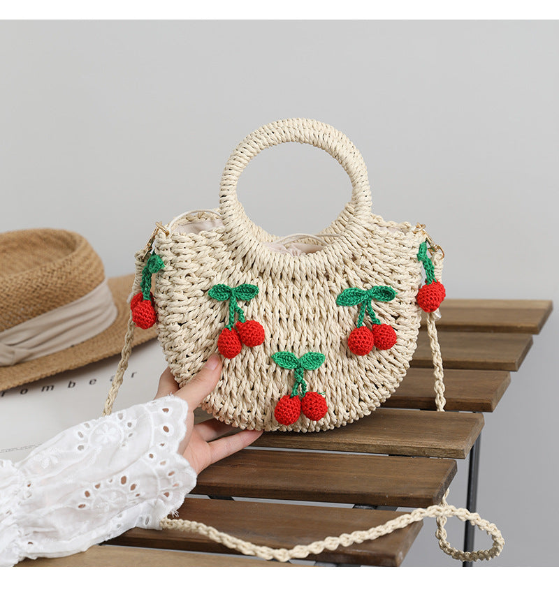 Cute Cherry Fresh Straw Bag Woven Tote Strawberry Cross Body Bag Vacation Beach Bag