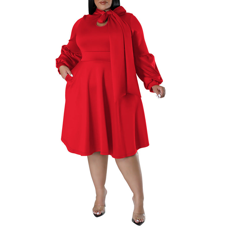 Plus Size Women Scarf Long Sleeved Bubble Sleeve Mid Length Dress