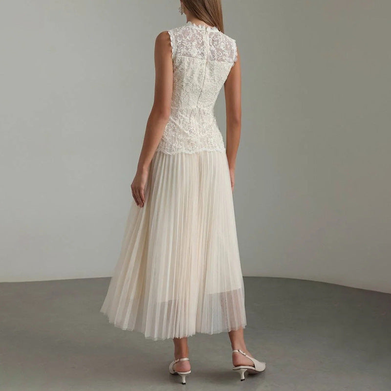 Women Elegant High Grade Dress Summer Lace Embroidered Mesh Stitching Sleeveless Dress