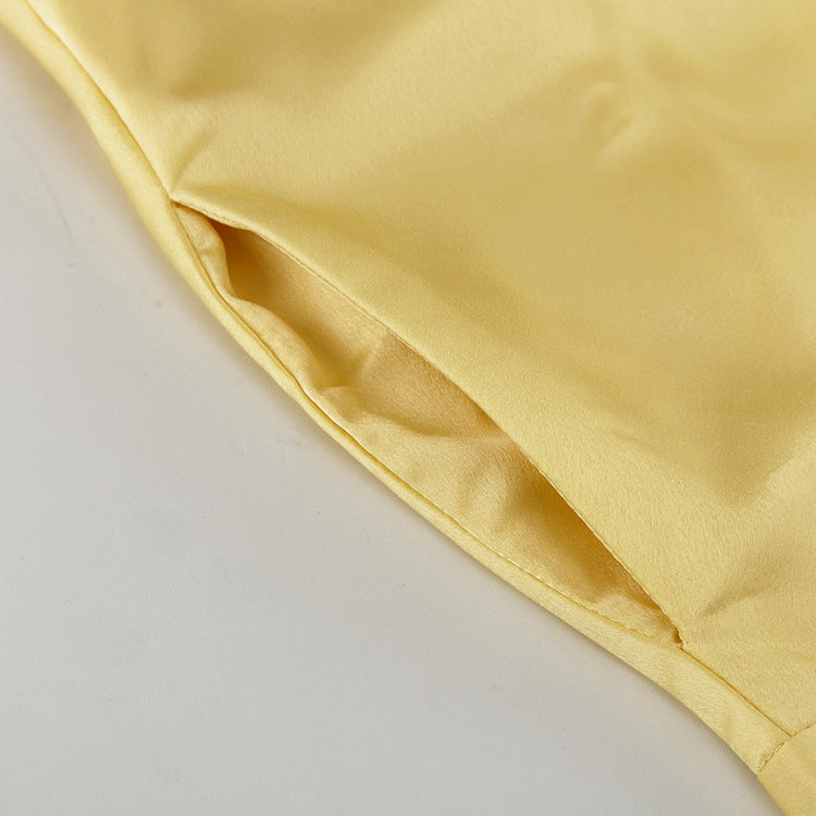Satin Draping Yellow Skirt Women Spring Summer Simple Pocket High Waist Hip Skirt
