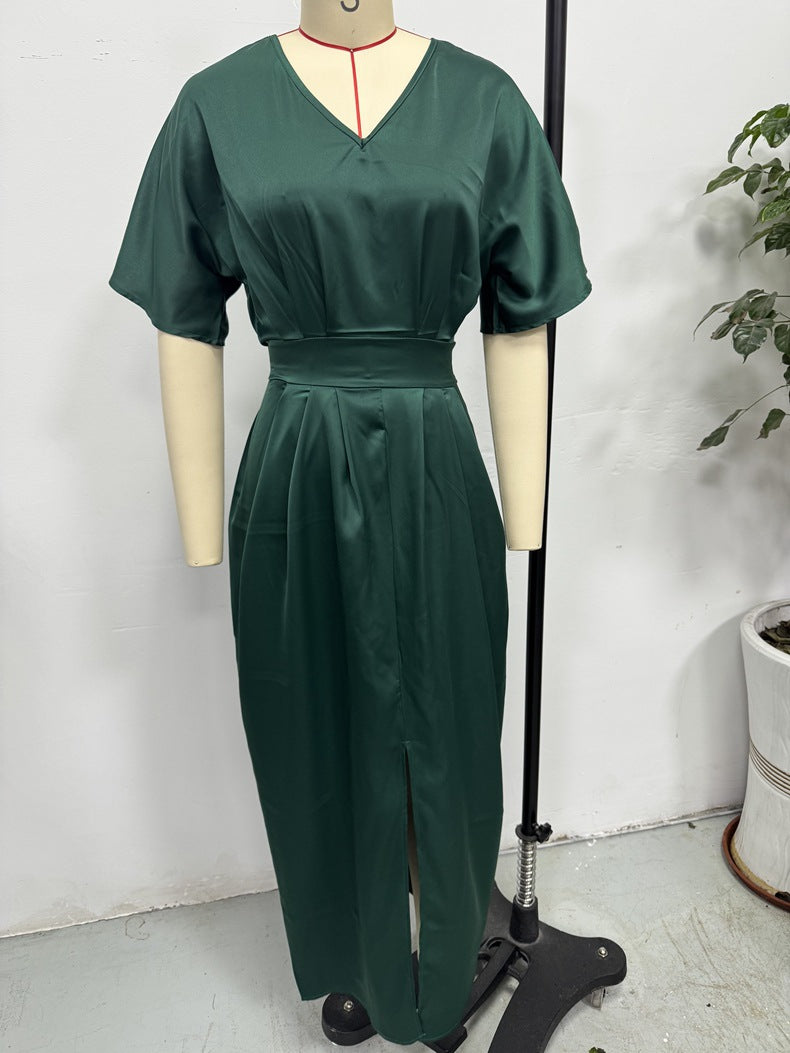 Women Clothing Early Autumn Satin Dress Ball Gown Satin Waist Tight Maxi Dress