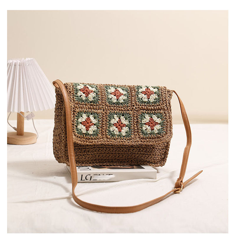Floral Crossbody Straw Bag One Shoulder Flap Woven Bag Vacation Beach Bag Niche Women Bag