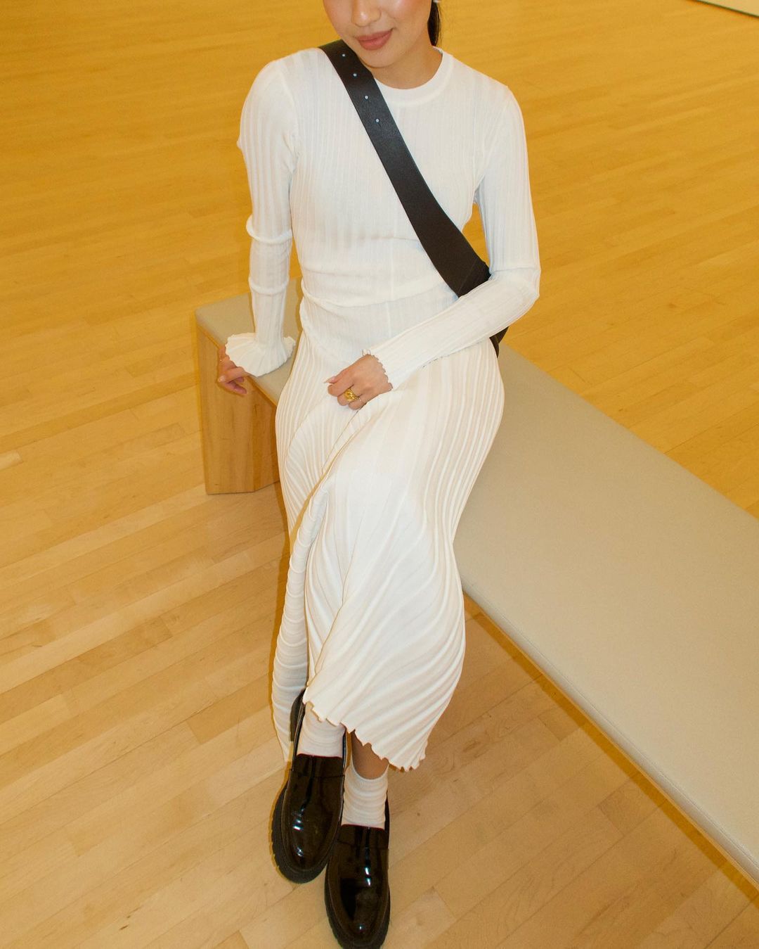 Autumn Winter Knitted Dress Casual Waist Tight Round Neck Big Pit Stripe Slimming Knitted Maxi Dress Women