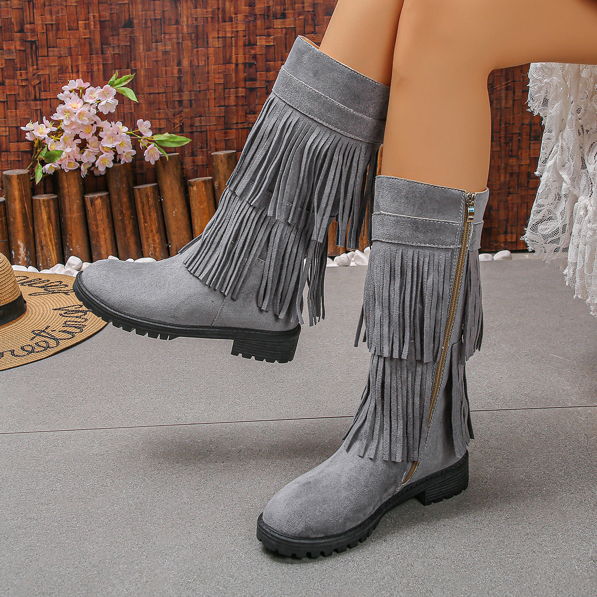 Suede Double Layer Tassel Boots Women Chunky Heel Side Zip High Tube Cowboy Boot