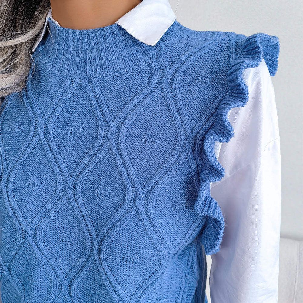 Autumn Winter Wooden Ear Diamond Knitted Vest Sweater Women Clothing