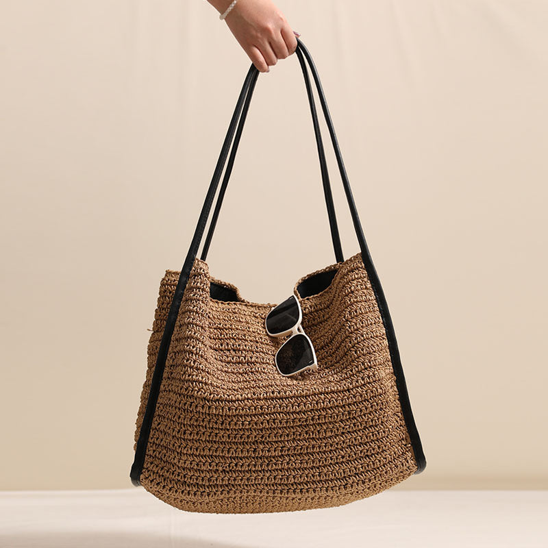 French Large Capacity Straw Bag Niche Solid Color Straw Bag Woven Bag Women Vacation Beach Bag Shoulder Bag
