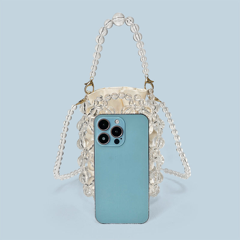 Transparent Irregular Asymmetric Hand Woven Acrylic Crystal String Beads Cocktail Mobile Phone Bag Cross Body Bucket Pouch