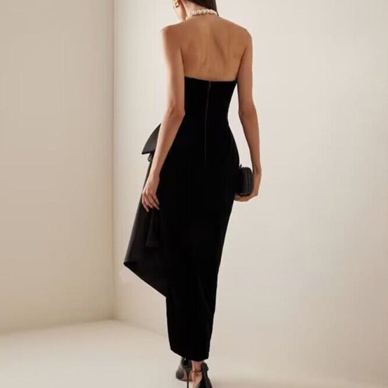 Sexy Tube Top Dress Black Elegant Irregular Asymmetric Design Sleeveless Dress Women