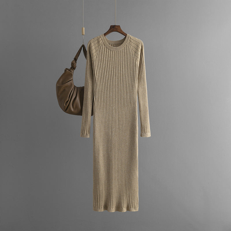 Mid Length Overknee Sweater Dress Women Autumn Winter round Neck Sunken Stripe Inner Wear Base Knitted Dress