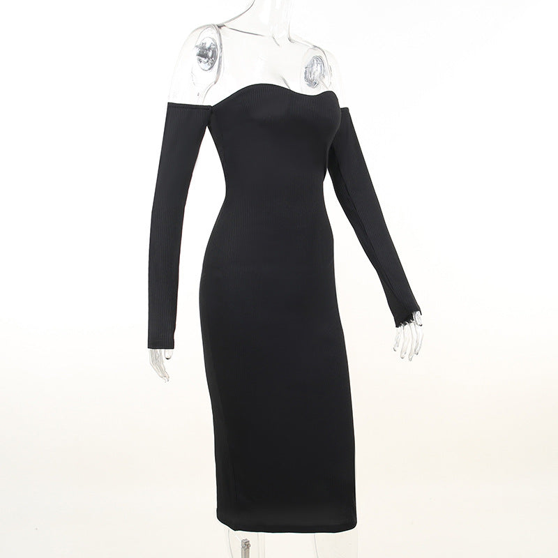 Women Spring Clothing Sexy Hip Knitwear off Shoulder Long Sleeve Tube Top Dress