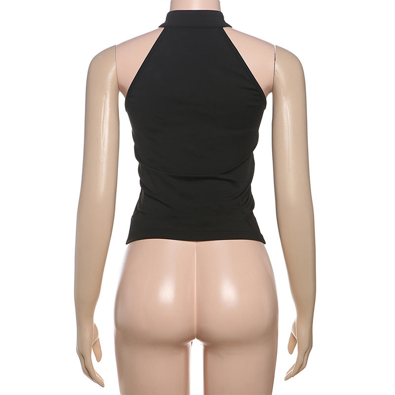 Spring Summer Women Clothing Personalized Stand Collar Open Solid Color Slim Fit Sexy Sleeveless T shirt Vest Women