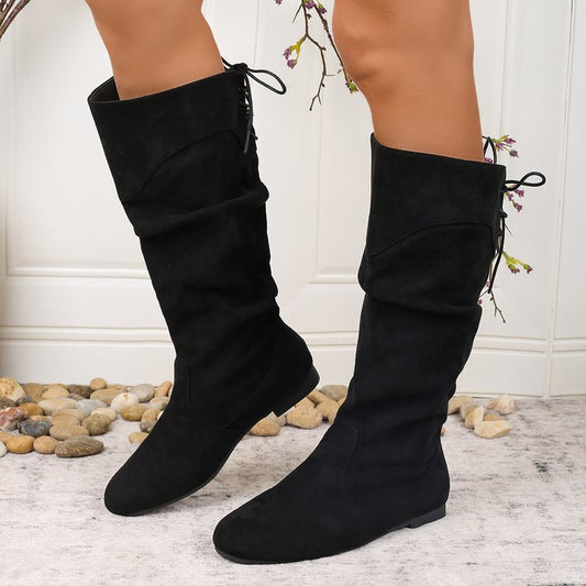 Lace up Knight Boots Women Suede High Boots Autumn Pleated Pile Boots