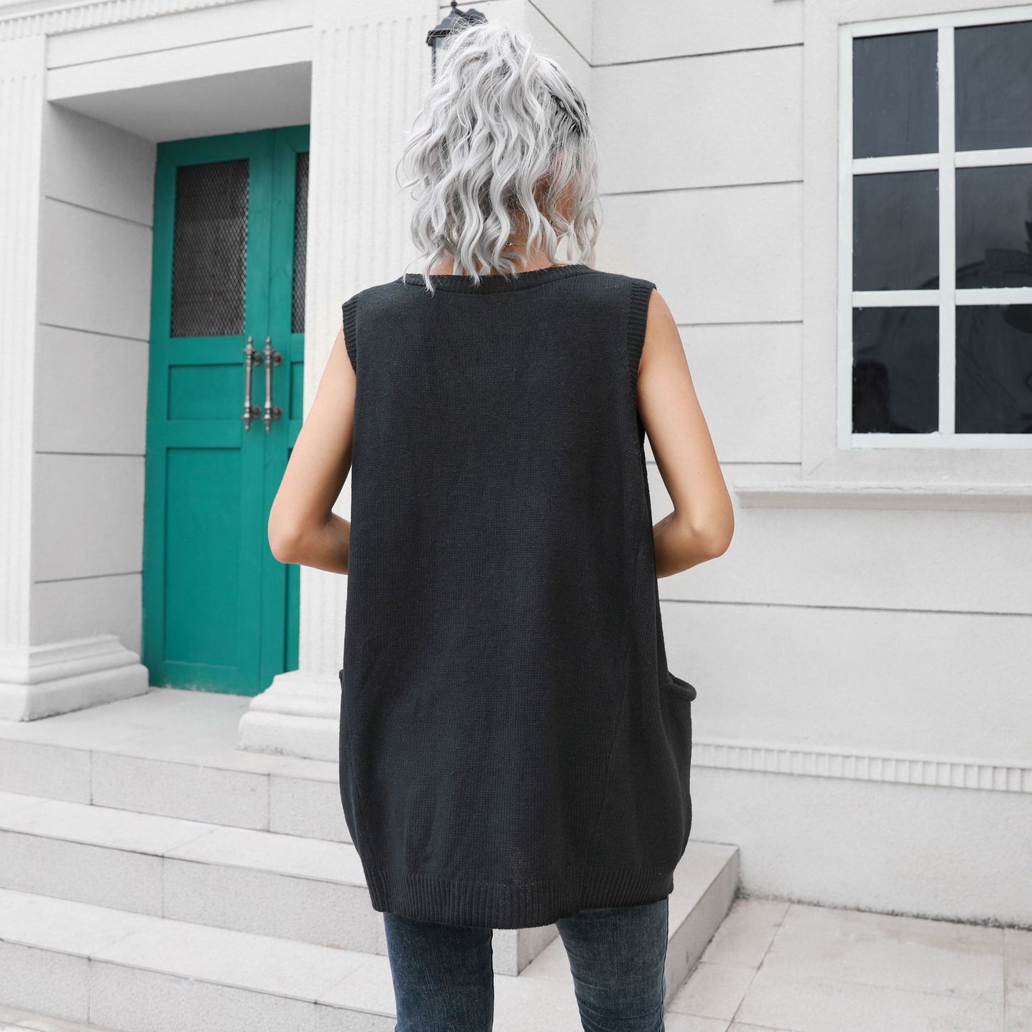 Pocket Large Swing V-neck Mid-Length Vest Sweater Women Loose-Fitting Waistcoat Outer Wear Inner Wear Autumn Winter