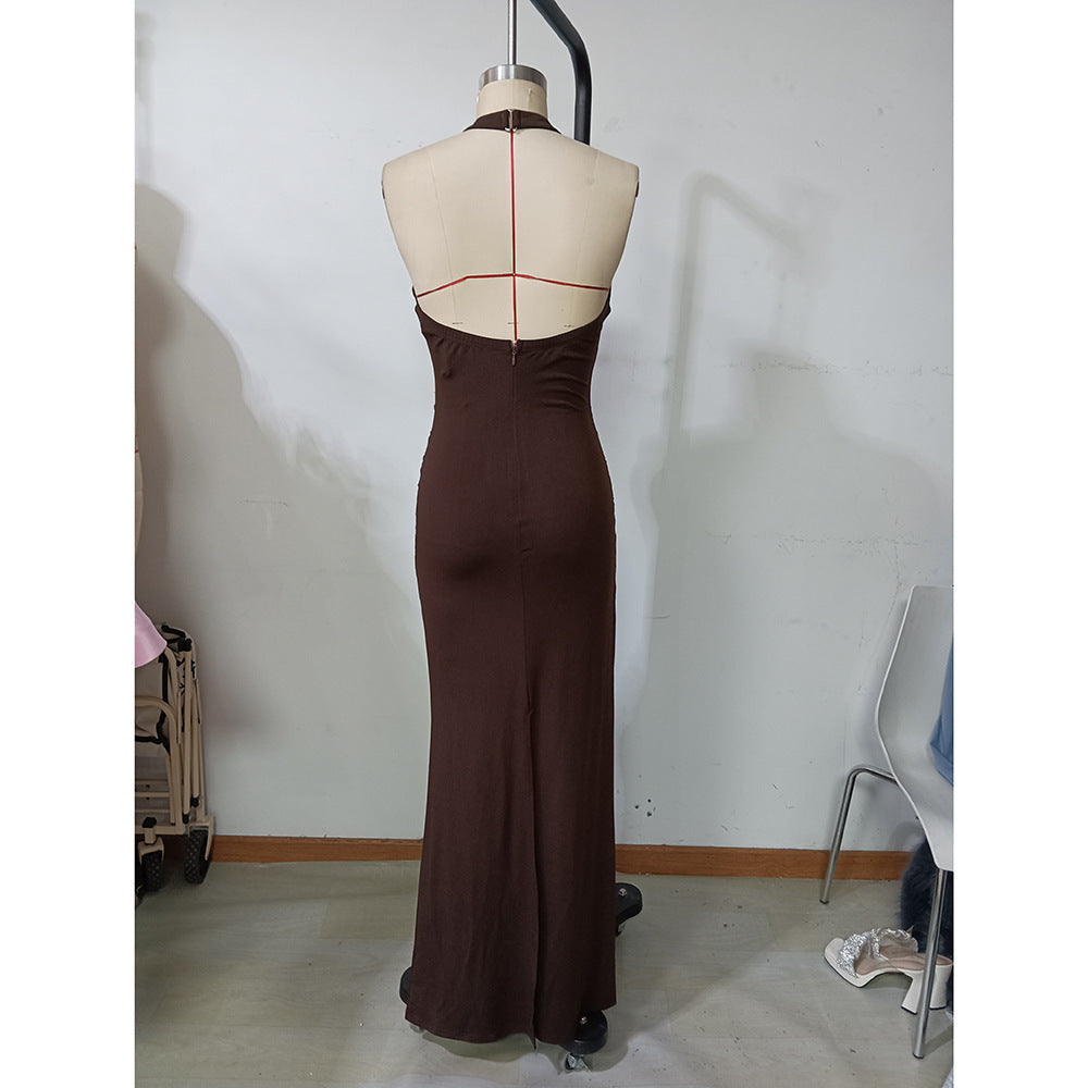 Women Solid Color Halter Sleeveless Dress Tied Slim Fit Sheath Dress Women