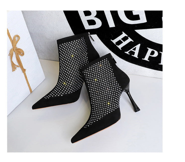 High Heel Boots Women Suede Stitching Mesh Rhinestone Back Zipper Mesh Boots Stiletto Pointed Toe Thin Boots