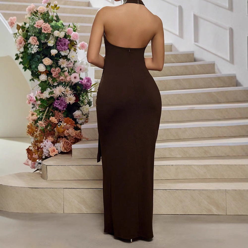 Women Solid Color Halter Sleeveless Dress Tied Slim Fit Sheath Dress Women