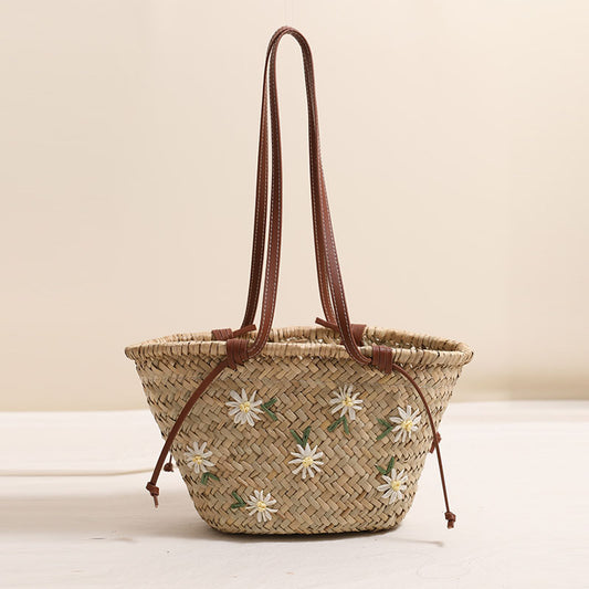 Fresh Floral Embroidery Shoulder Straw Bag Large Capacity Mitsubishi Straw Woven Bag Seaside Vacation Beach Bag