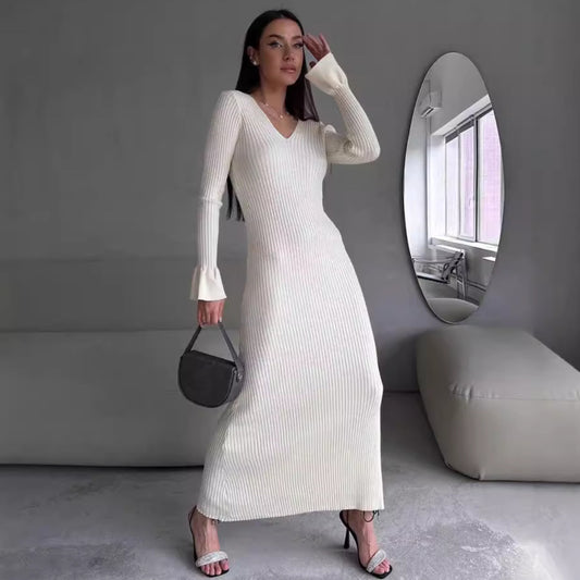 Long Sleeve V neck Tight Knitted Dress Solid Color Rib Fabric Wool Long Autumn Winter Dress