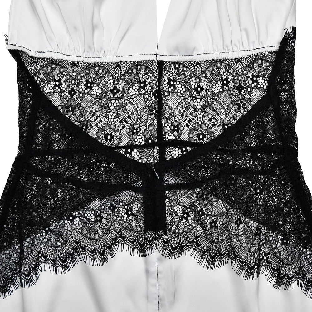 Summer Elegant Deep V Plunge Silky Satin Dress Stitching Halter Waist Tight Sexy Dress