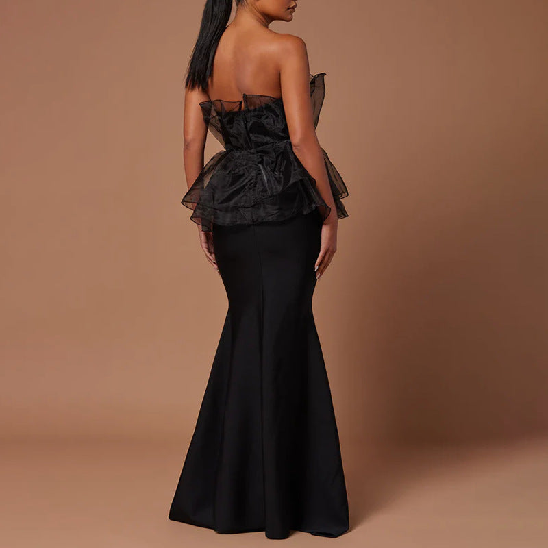 Women Stitching Mesh Design High Waist Sheath Maxi Dress