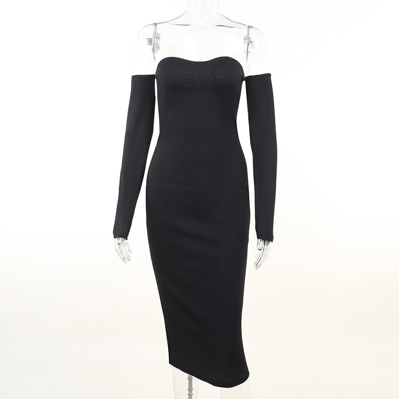 Women Spring Clothing Sexy Hip Knitwear off Shoulder Long Sleeve Tube Top Dress