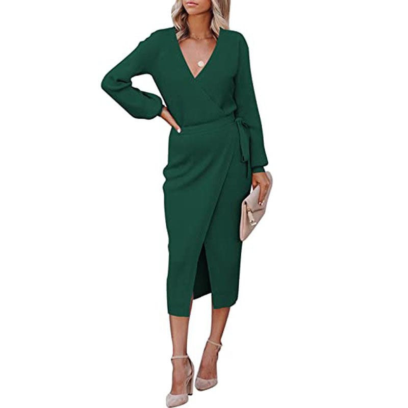 Autumn Winter Women Clothing Maxi Dress Elegant Graceful V-neck Knitted Dress