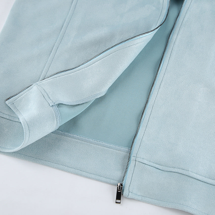 Retro Leather Coat Women Niche Blue Cool Feeling High Street Fashionable Zipper Autumn Winter Suede Jacket