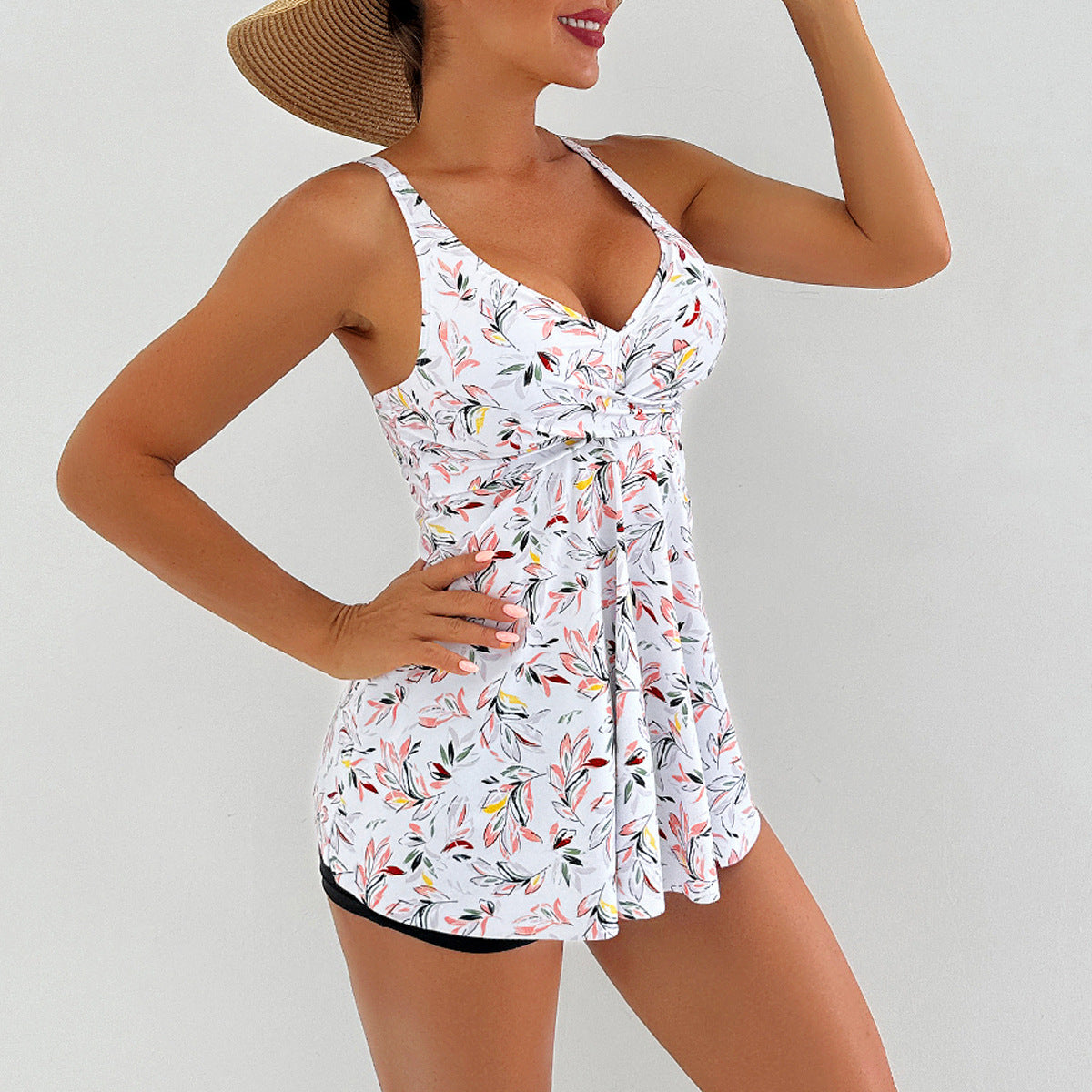 Lonkey Conservative Tankini Print Split Boxer High Waist Swimsuit Women Bikini