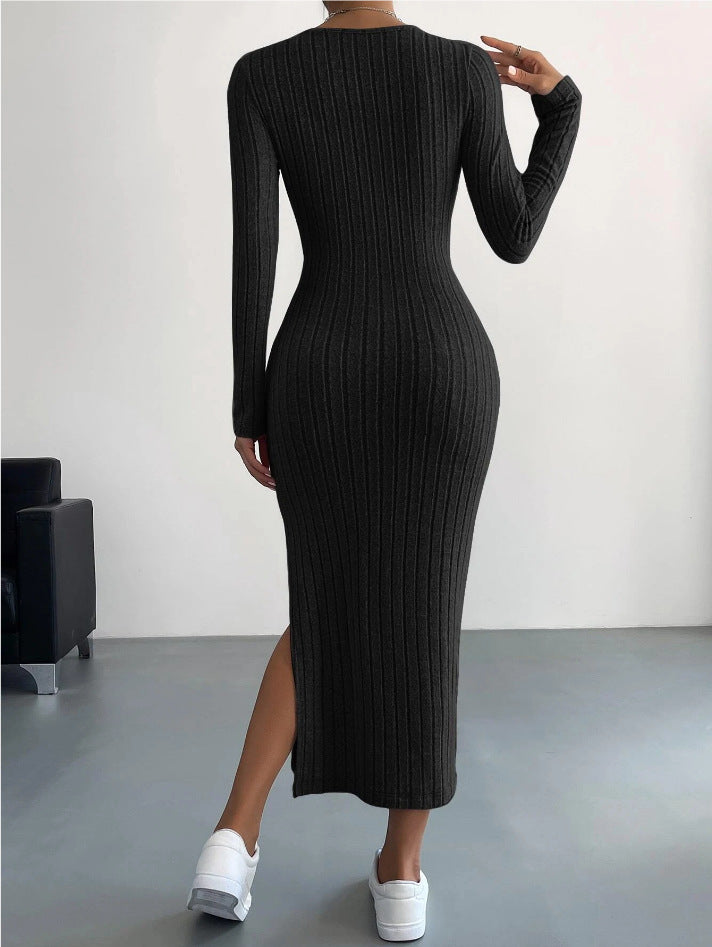 Autumn Winter Long Sleeve Crew Neck Split Knitted Maxi Dress Women