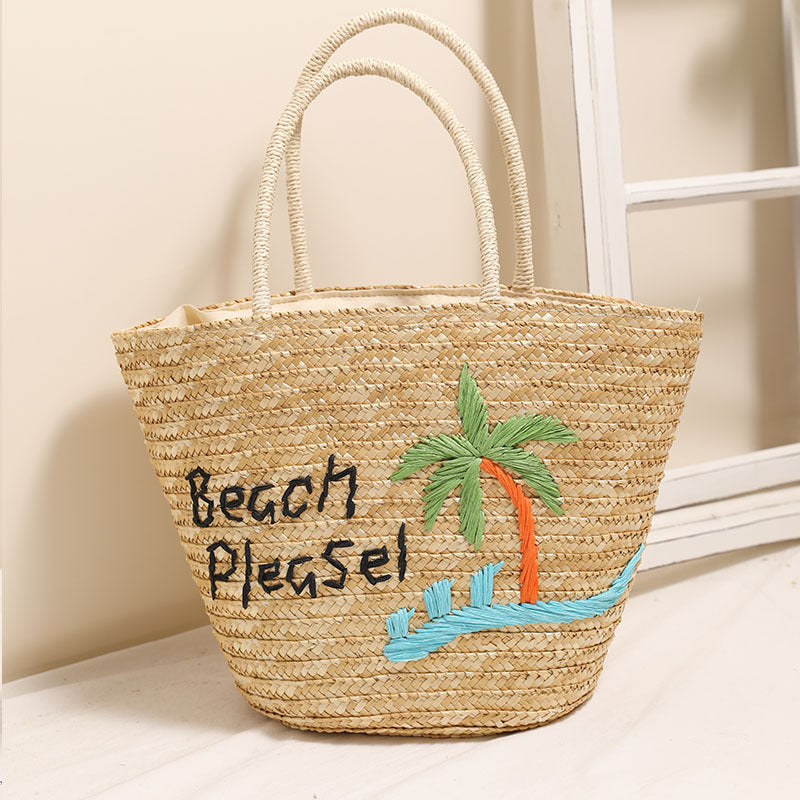 Coconut Embroidery Shoulder Straw Bag Letters Hand-Carrying Woven Bag Vacation Beach Bag Large Capacity Rattan Bag