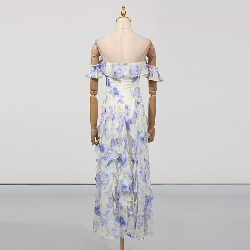 Fairy Floral God Tube Top Waist Controlled Large Hem Formal Dress Women Summer Printed Ruffled Dress Women