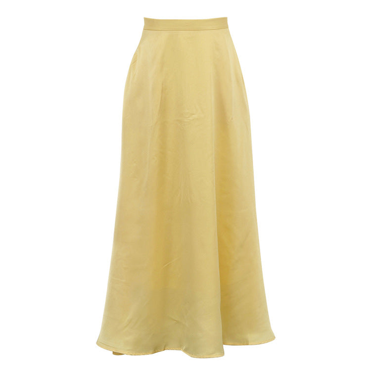 Satin Draping Yellow Skirt Women Spring Summer Simple Pocket High Waist Hip Skirt