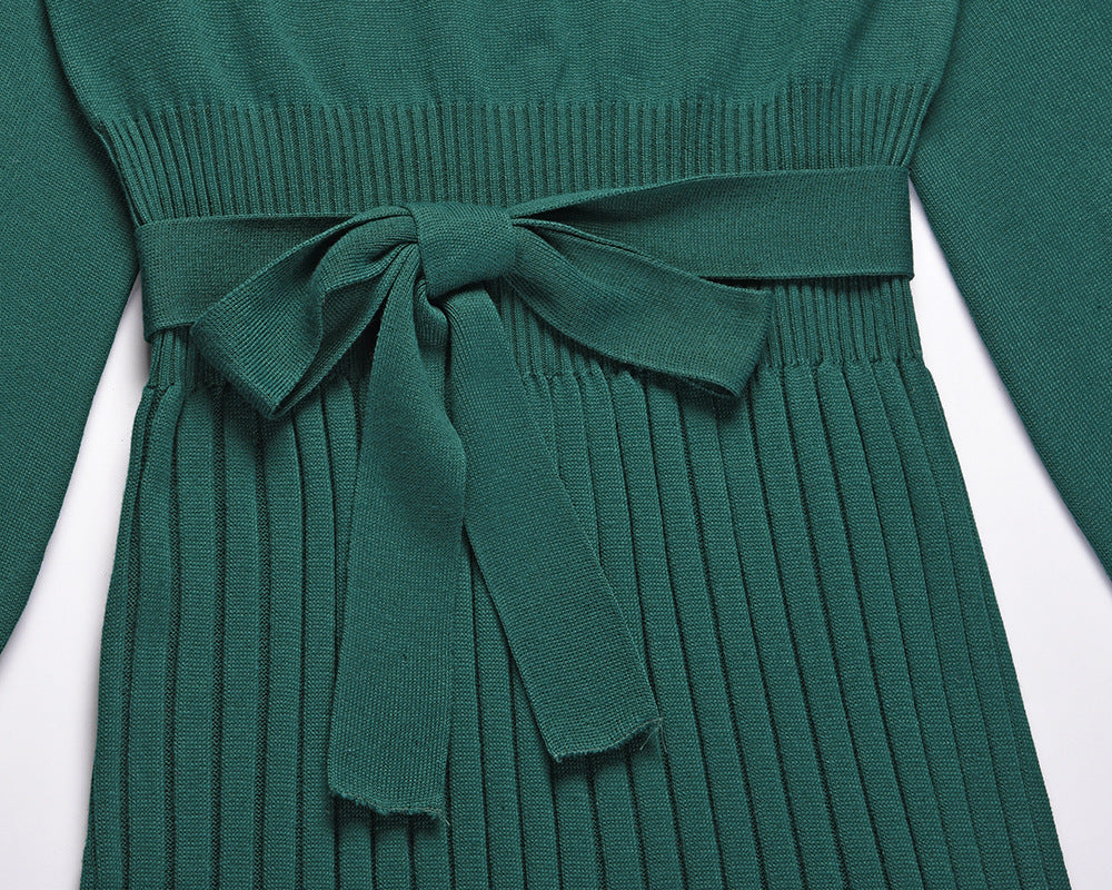 Women Autumn Winter Knitting Dress Slim-Fit Pleated Mid-Length Bottoming Sweater
